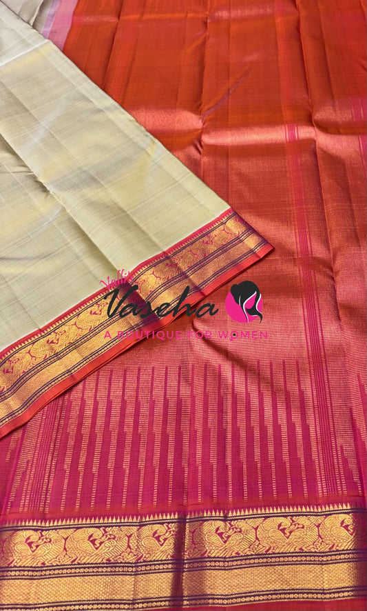 Pure Korvai Kanchipuram Silk Saree - Creamish Gold & Peachish Orange Combo - VVPS011