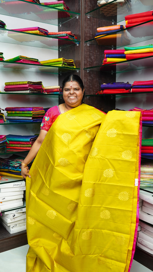 Pure Kanchipuram Silk Saree - Yellow with Pink - VVPS006