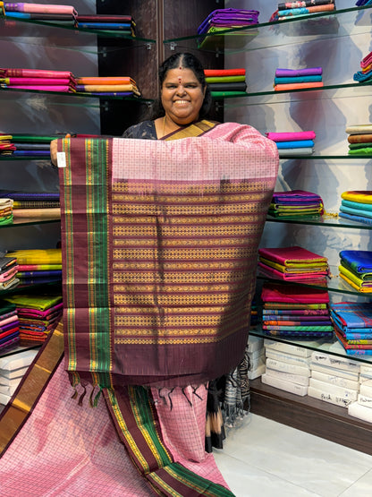 Pure Korvai Silk Cotton Saree - Baby Pink & Brown Combo -  Lakshadeepam Design VVKLD001