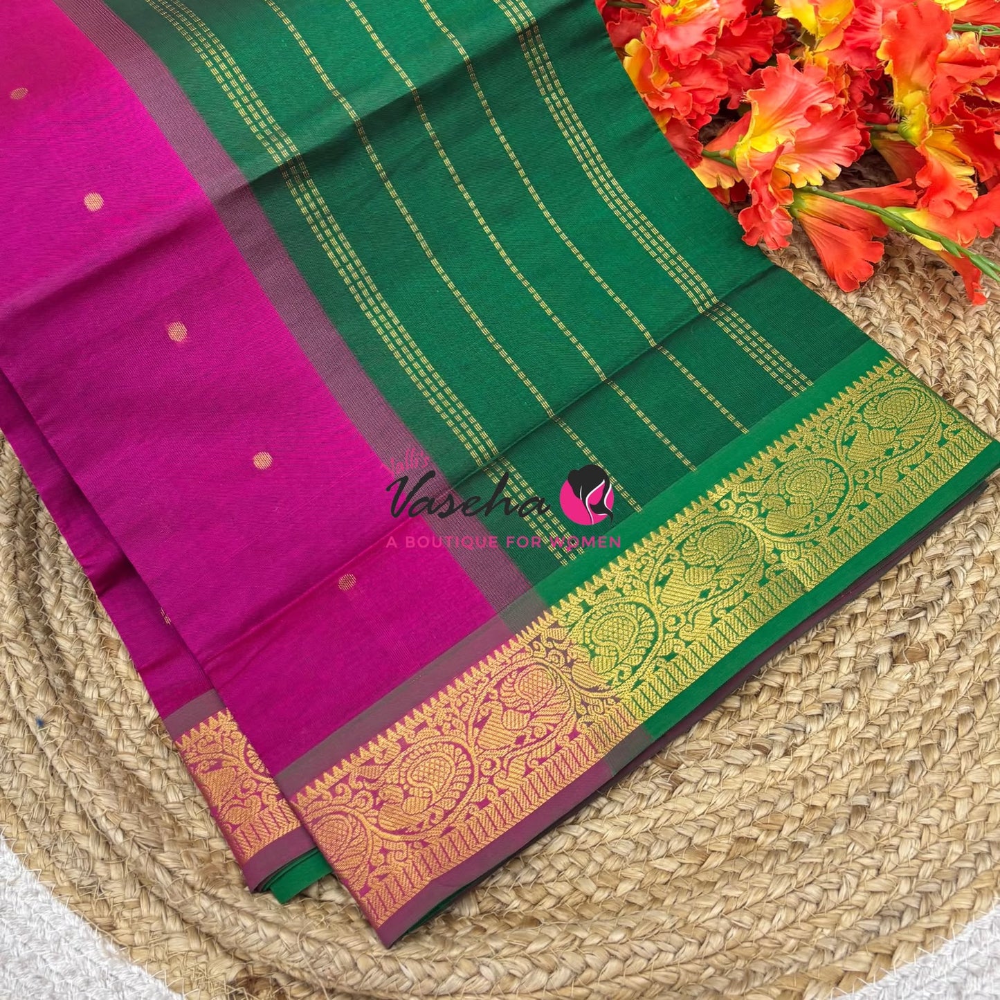 Semi Silk Cotton Saree - Small Round with Zari Butta  -  VVSSC014
