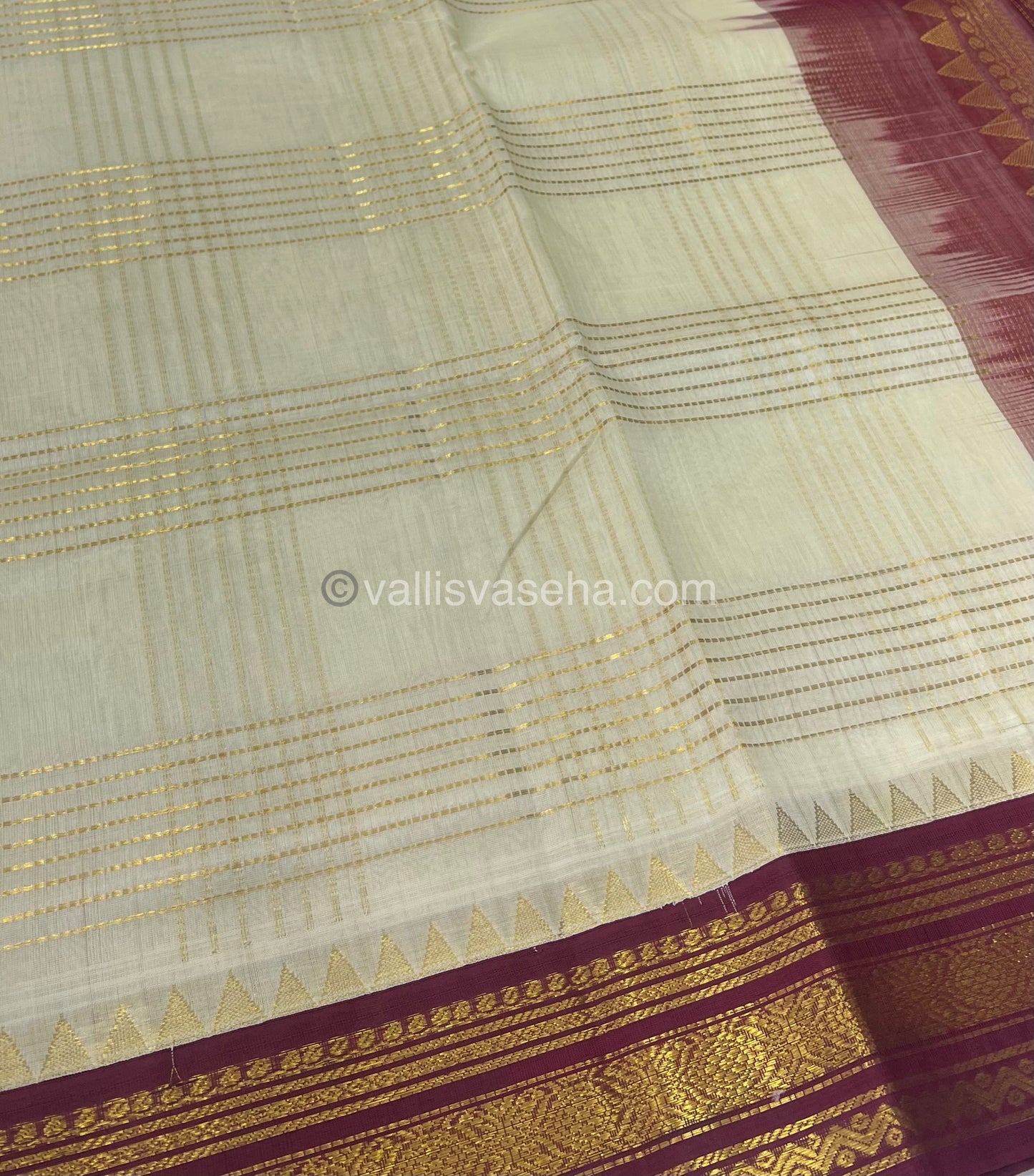 Pure Korvai Silk Cotton - Zari checks lines - Cream with Merun Combo - VVKSC010