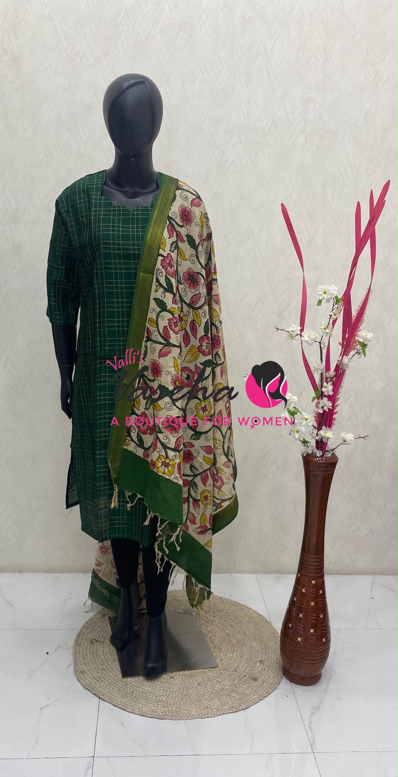 Ready Made - Semi Raw Silk Kurti with Chennur Silk Kalamkari Duppatta - Green Shade - 2pc Set - VVSRK002