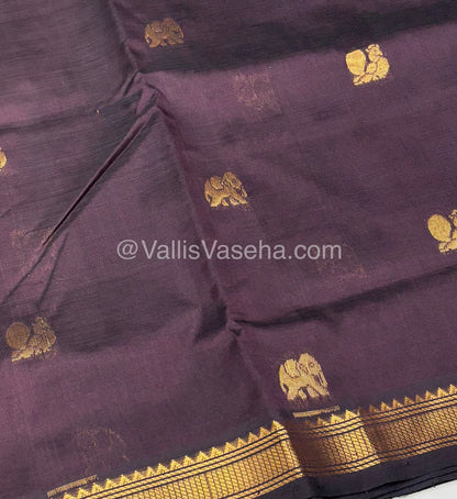 Pure Silk Cotton Saree -  Mayil & Elephant Design - Dark Brown - VVMES001