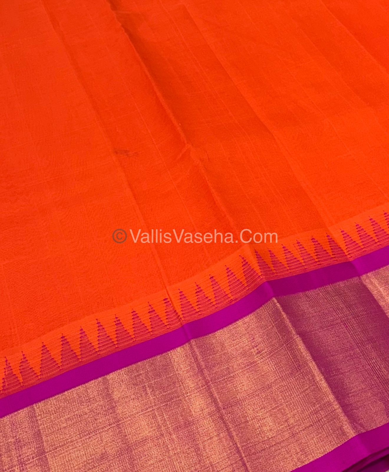 Pure Korvai Silk Cotton Saree - Orange With Pink  Shade Temple border - VVKSC001