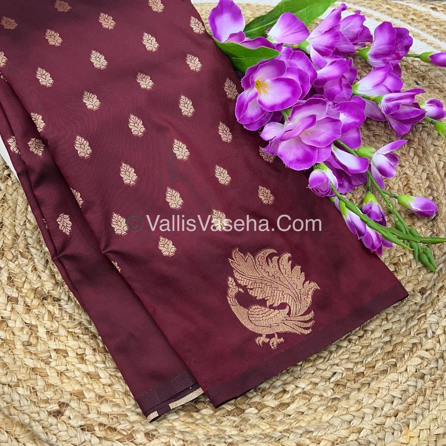 Semi Soft Silk - Peacock Butta Border - Maroon Shade -VVSSS014