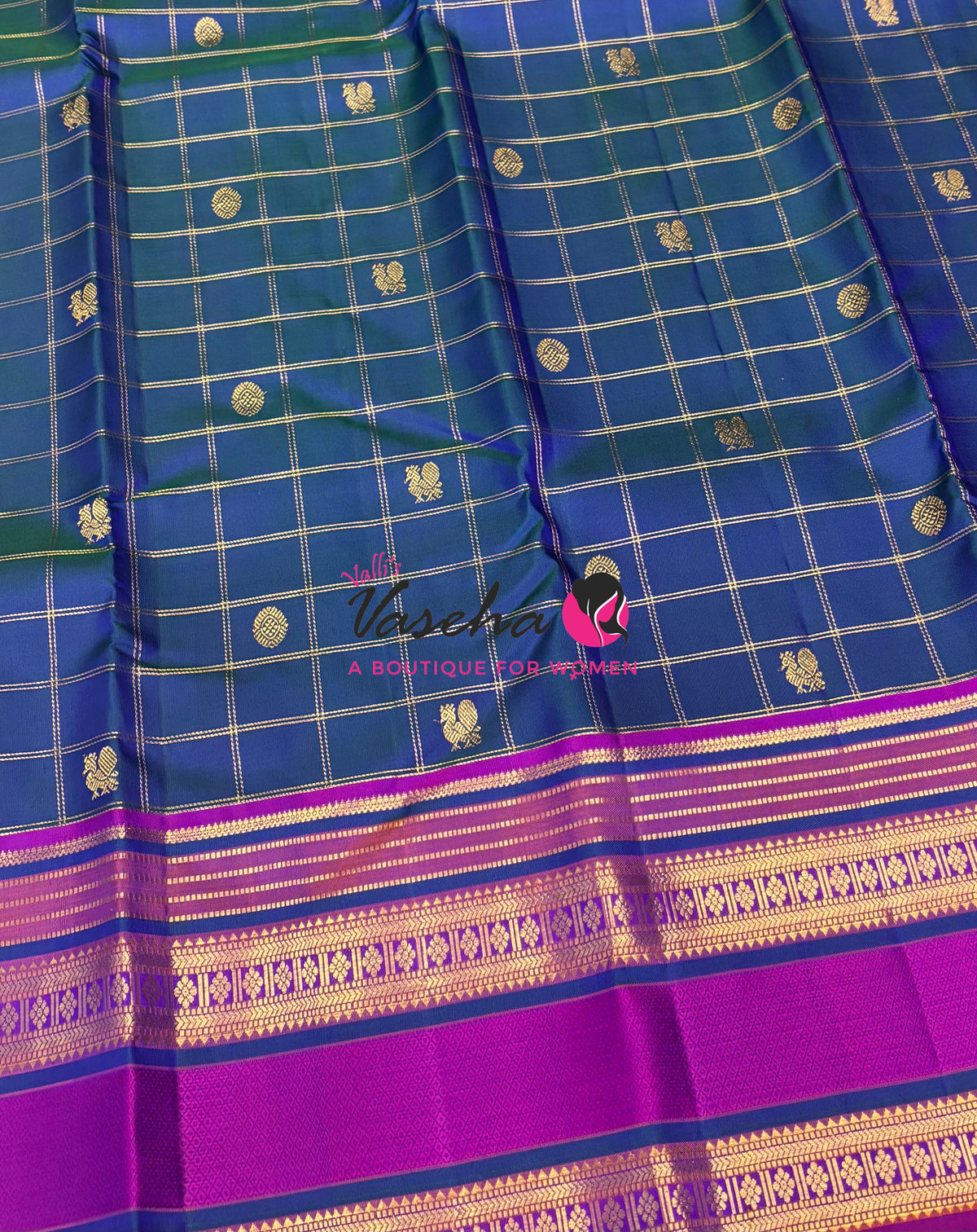 Pure Korvai Kanchipuram Silk Saree - Peacock Blue & Purplish Pink Combo - VVPS022