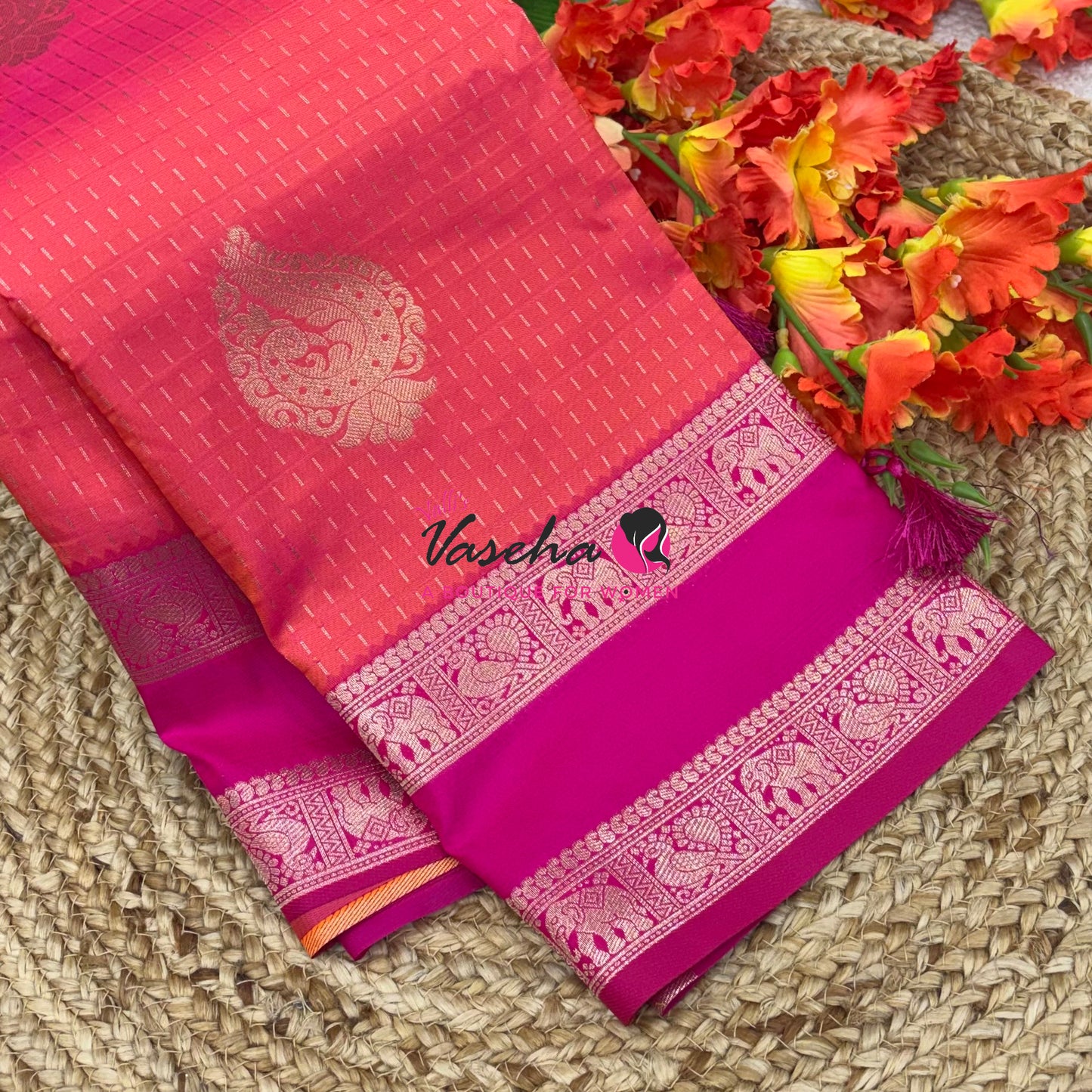 Semi Soft Silk -  Peachish Orange With Pink - VVSSS038