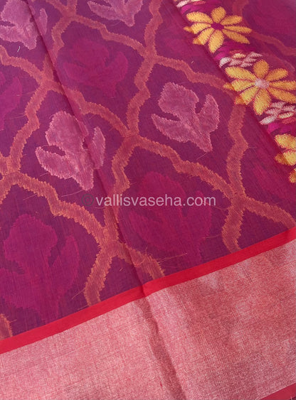 Banarasi Pochampally Weaving Semi Soft Cotton Saree - Purple with Pinkish Maroon - VVBPS001