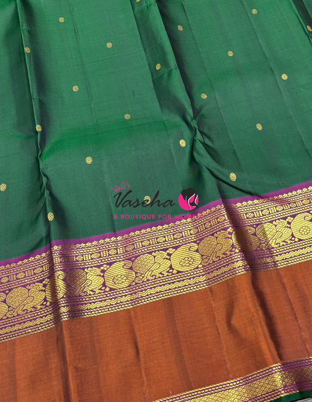 Pure Kanchipuram Silk Saree - Green & Purple Combo - VVPS038