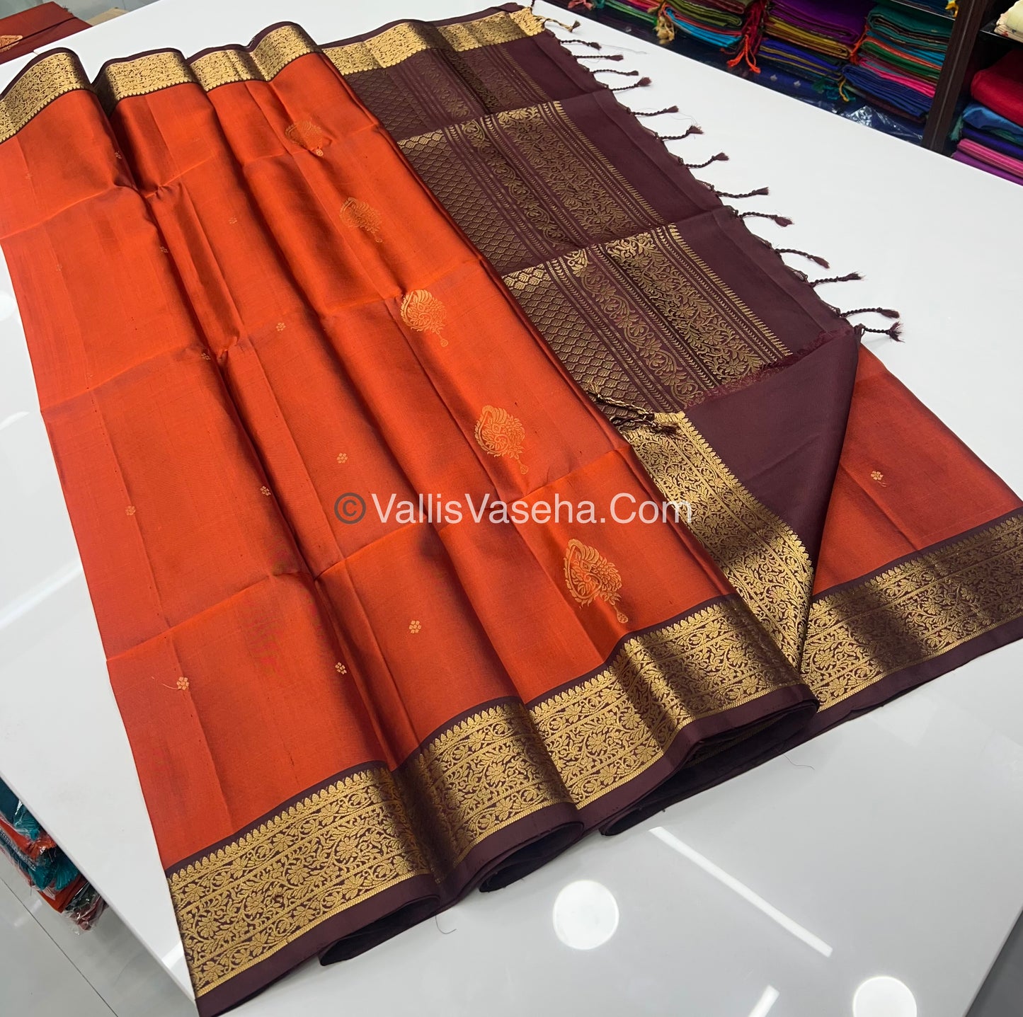 Pure Soft Silk Saree - Kanchi Border - Velum & Mayilum Butta - Rust Orange & Wine Brown Combo - VVPSS046
