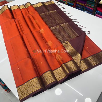 Pure Soft Silk Saree - Kanchi Border - Velum & Mayilum Butta - Rust Orange & Wine Brown Combo - VVPSS046
