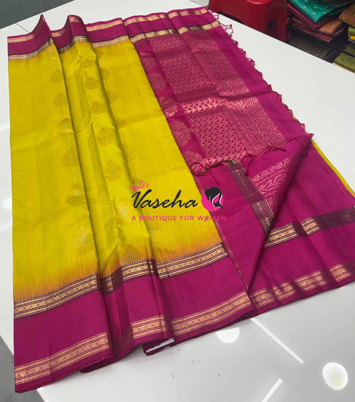 Pure Soft Silk Saree  - Yellow With Pink Combo - VVPSS149