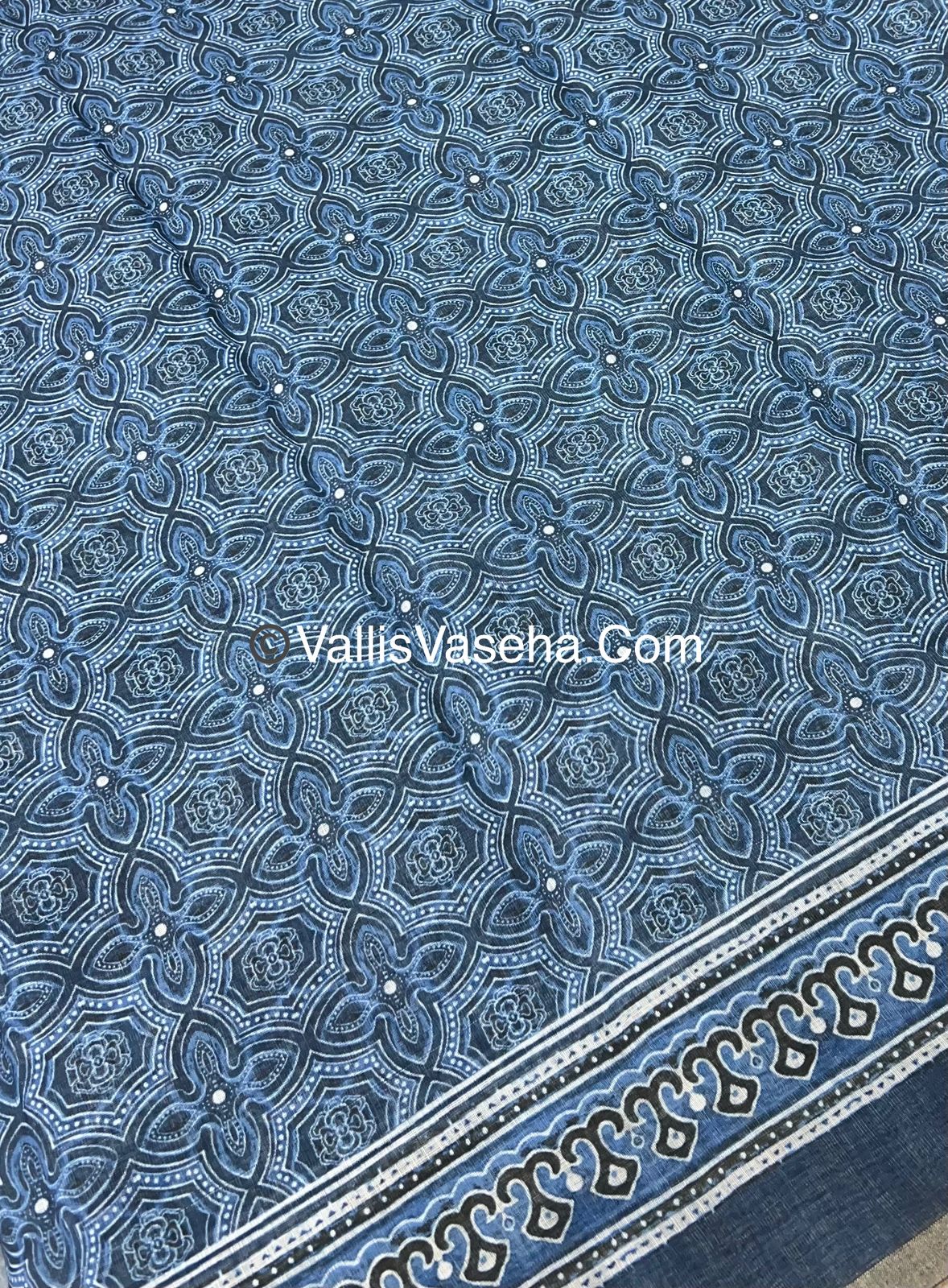 Linen Mixed Cotton Saree - Indigo Blue - Printed - VVLMP001