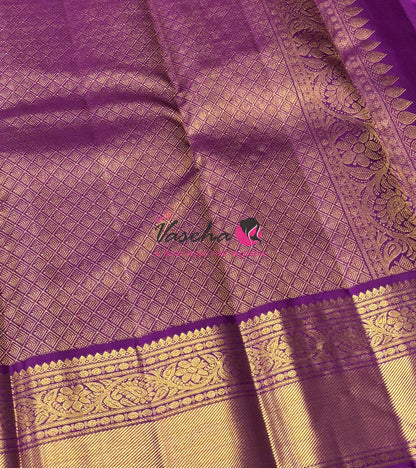 Pure Kanchipuram Silk Saree - Vairavoosi Design  - Dual Tone Grey & Purple Combo - VVPS059