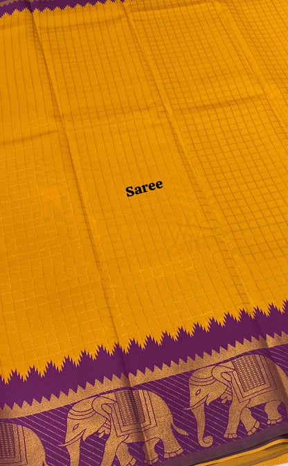 Semi Silk Saree - Kanchi Silk Style - Elephant Border - Dark Yellow with Purple  - VVSSS005