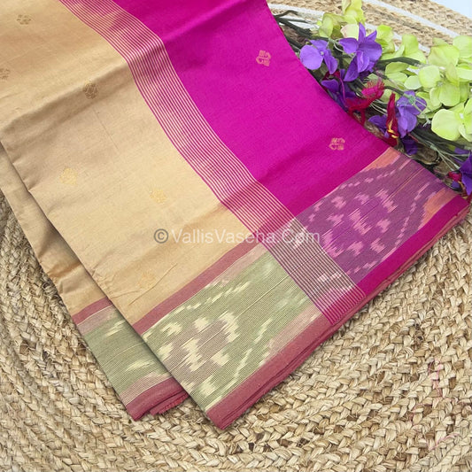 Semi Silk Cotton Saree - Cream & Pink Combo - VVSSC001