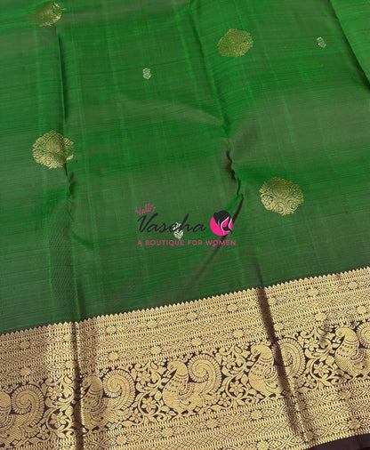 Pure Kanchipuram Silk Saree - Green  With Brown - VVPS094