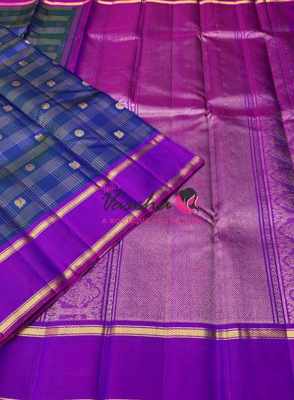 Pure Kanchipuram Silk Saree - Peacock Blue & Purple Combo - VVPS040