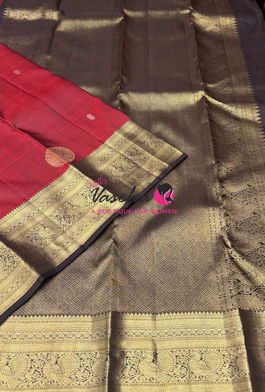 Pure Kanchipuram Silk Saree - Maroon With Brown - VVPS094