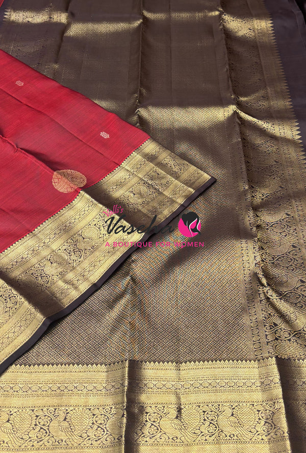 Pure Kanchipuram Silk Saree - Maroon With Brown - VVPS094