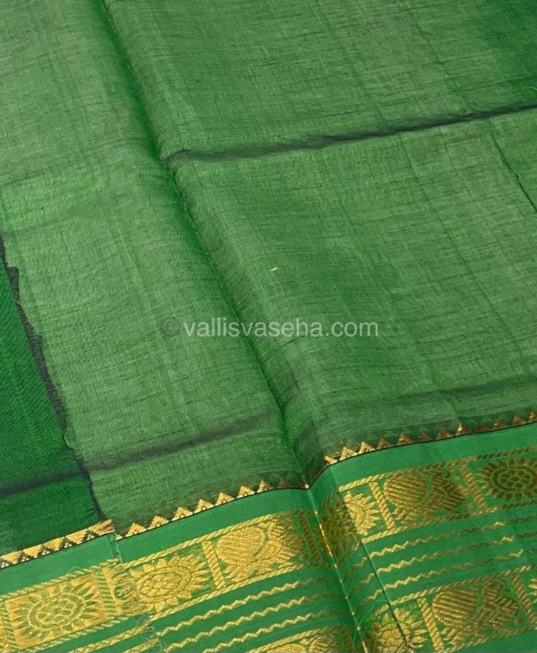 Pure Korvai Silk Cotton - Retta Petta Border - Cream( Half White )with Green Combo - VVKSC010