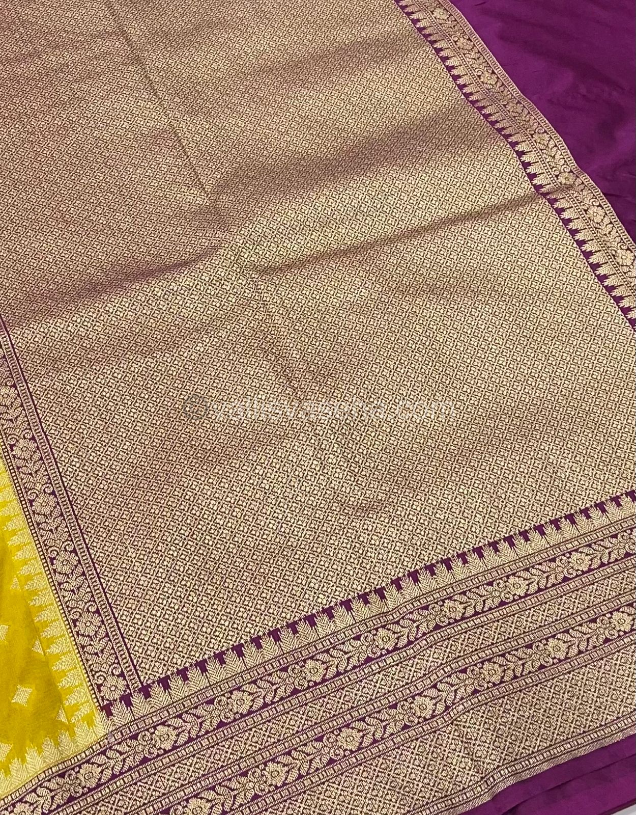 Banarasi - Premium Kathan Silk Saree - Yellow with Purple - VVPKS002