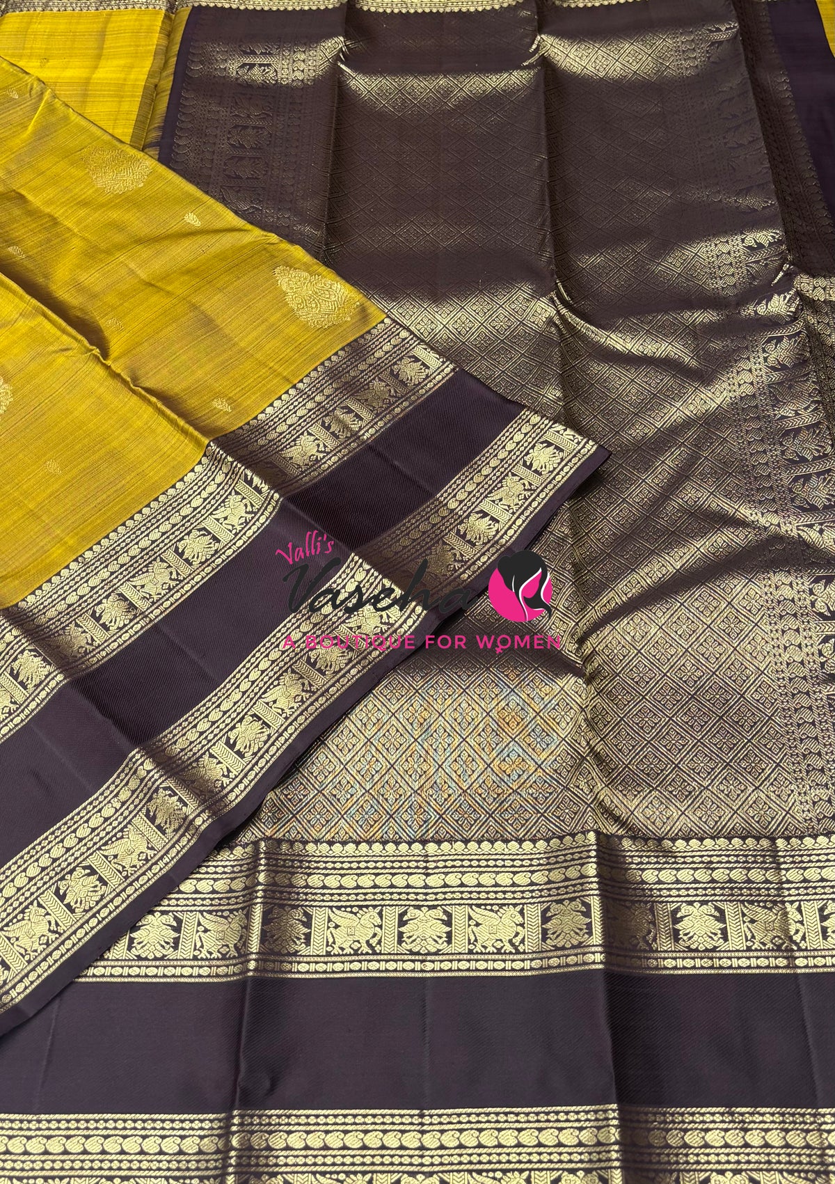 Pure Kanchipuram Silk Saree - Mustard Yellow & Brown Combo - VVPS034