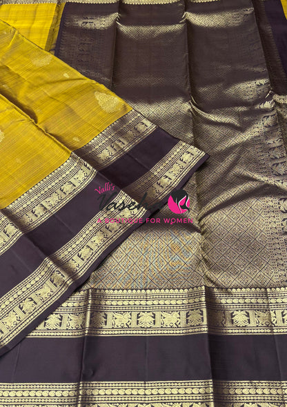 Pure Kanchipuram Silk Saree - Mustard Yellow & Brown Combo - VVPS034