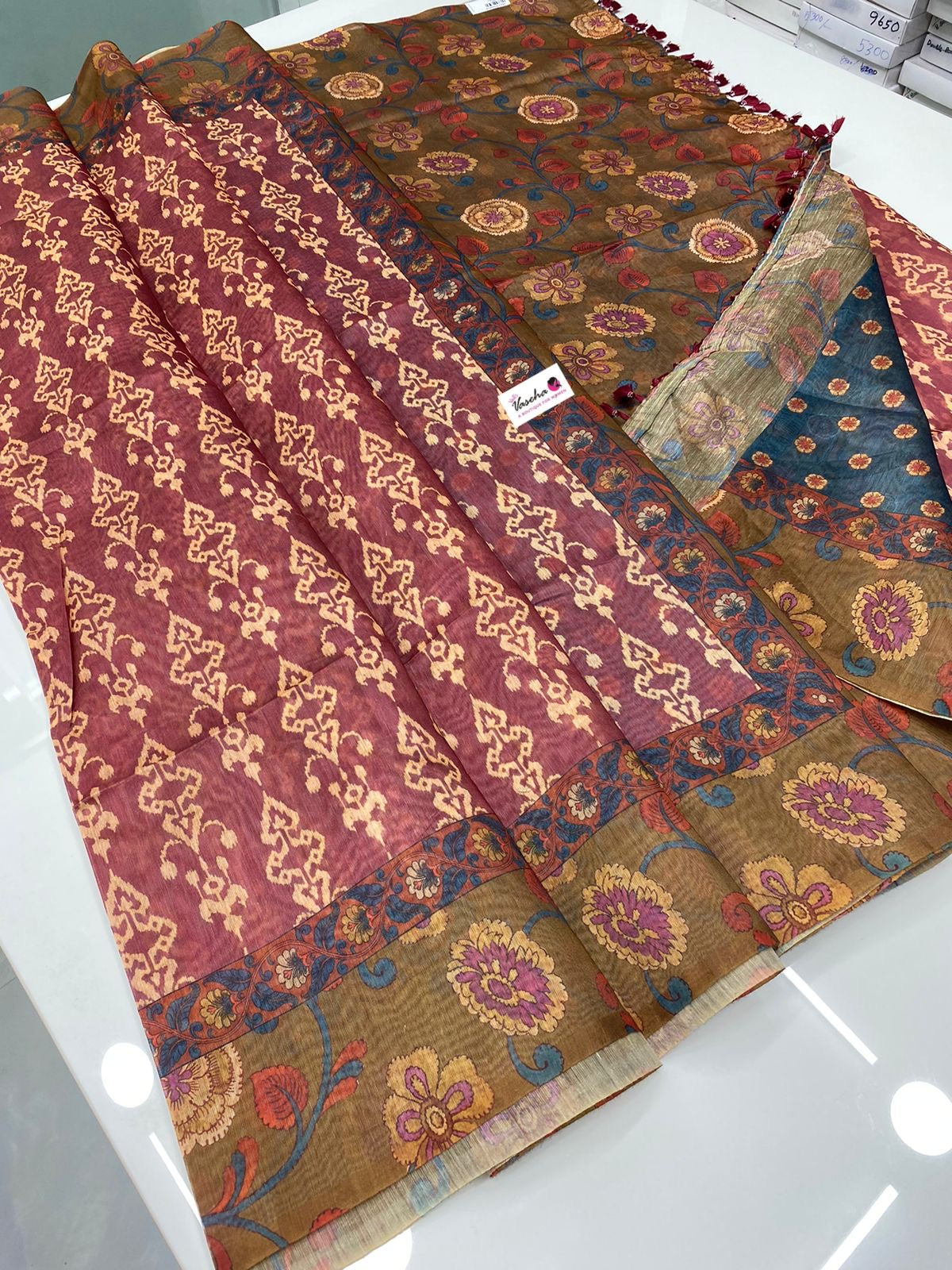 Chanderi Mixed Cotton Saree - Ikkat & kalamkari design  - VVCC002