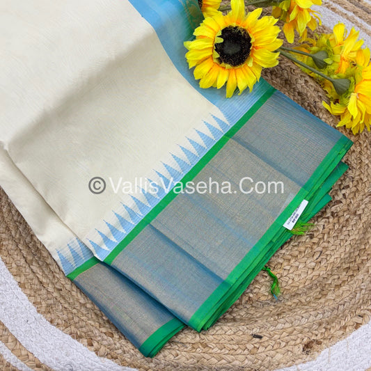 Pure Korvai Silk Cotton Saree - Half white with Turquoise Greenish Blue Combo - Temple border - VVKSC001