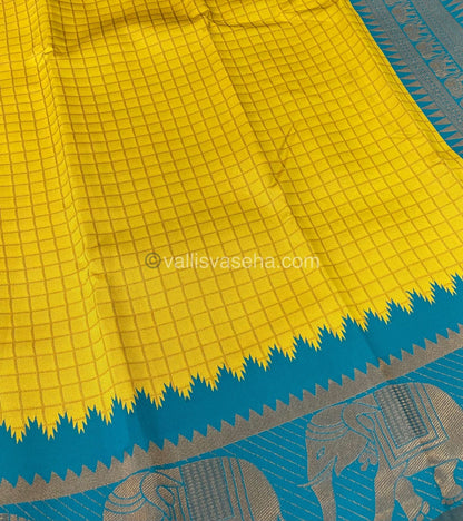 Semi Silk Saree - Kanchi Silk Style - Elephant Border - Yellow with Blue - VVSSS005