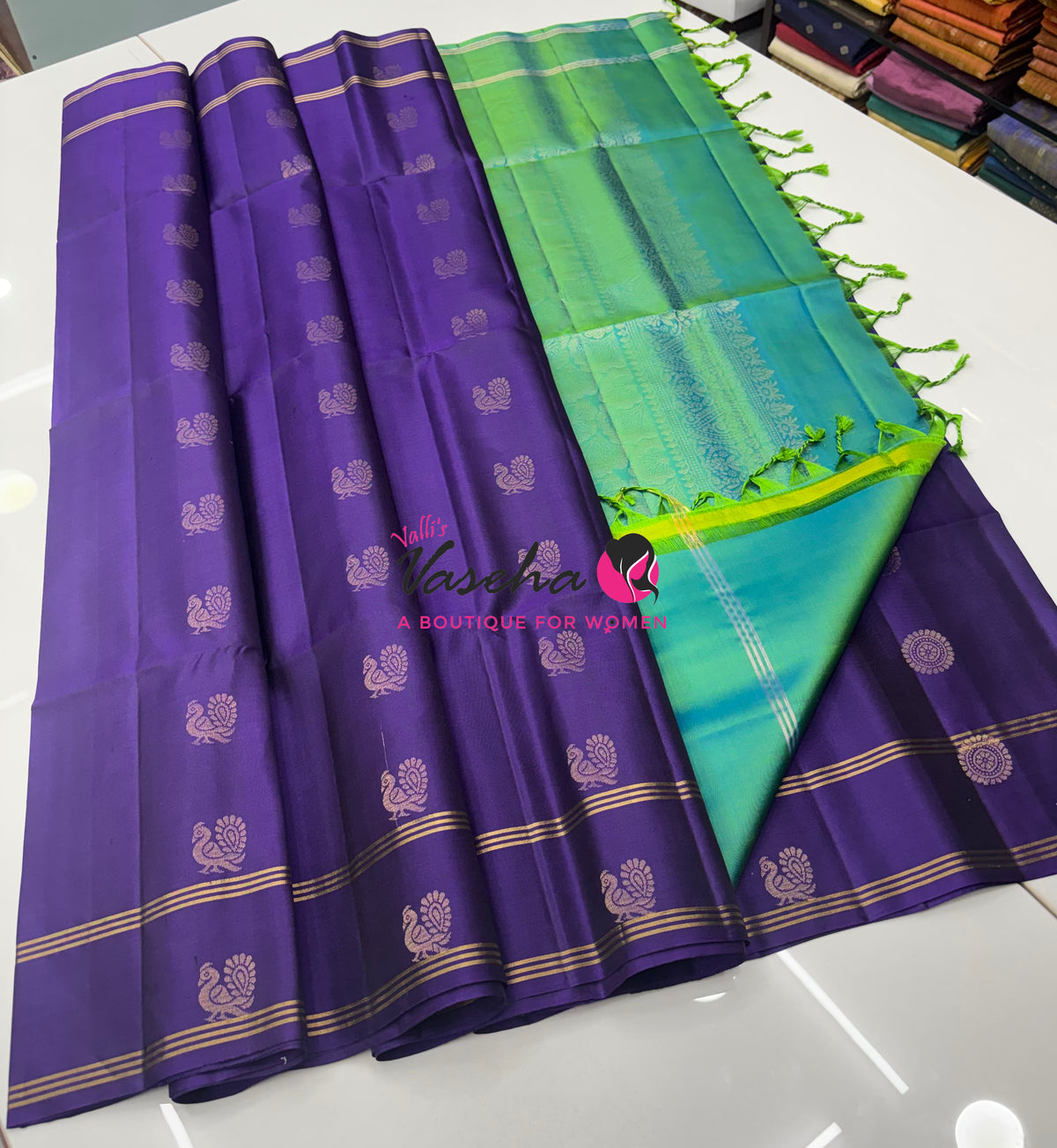 Pure Soft Silk Saree  - Purple & Dual Tone Green Combo - VVPSS136