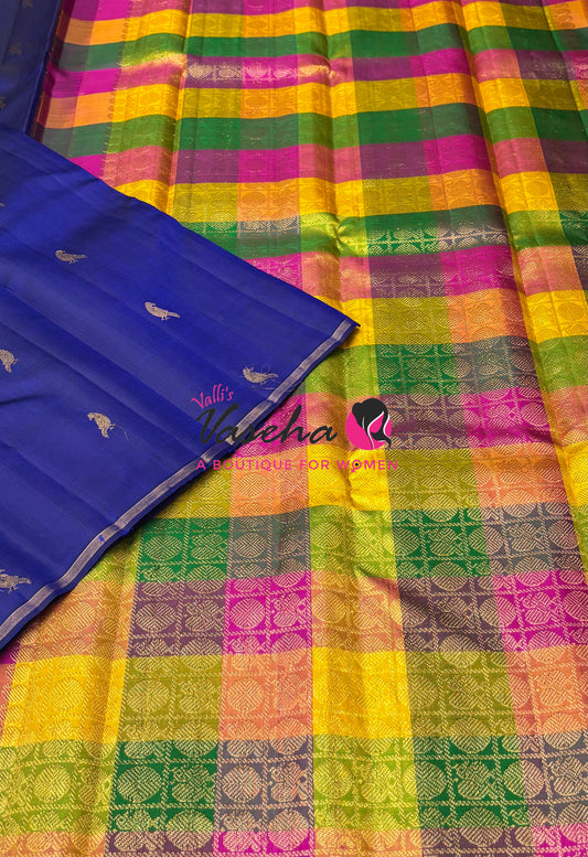 Pure Kanchipuram Silk Saree - Blue with Pazhum Pazhamum - VVPS025