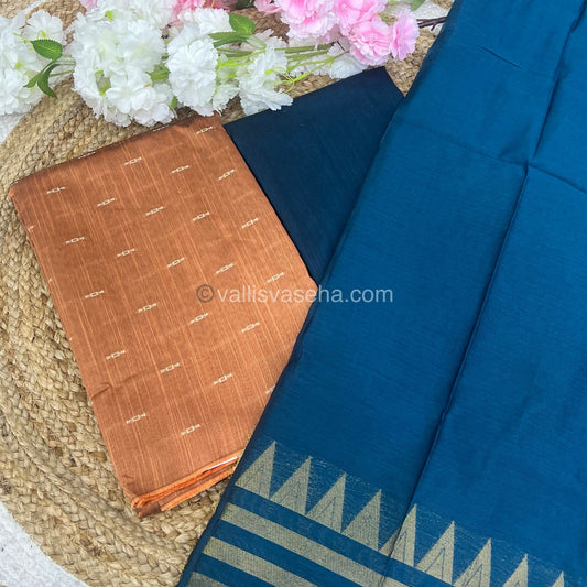 Unstitched Salwar Material -Raw Silk - Biscuit Orange  with Blue Shade - VVUSM004