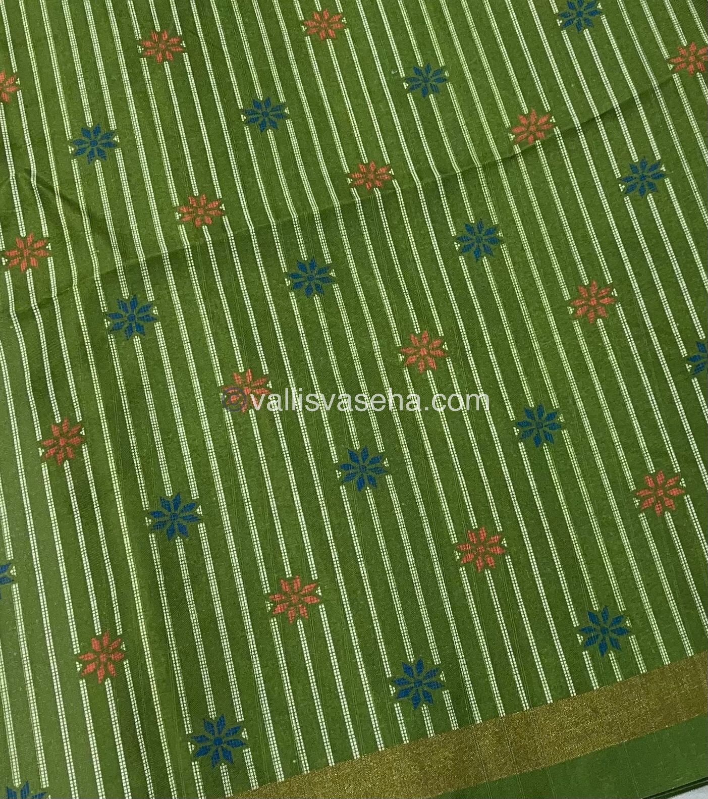 Semi Tussar / Semi Chappa Silk |Peacock Design | - Cream & Green Combo - VVSTS018