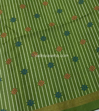 Semi Tussar / Semi Chappa Silk |Peacock Design | - Cream & Green Combo - VVSTS018