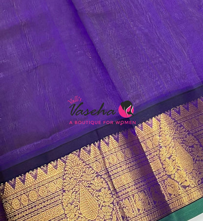 Pure Korvai Silk Cotton Saree - Chikku Green with  violetish purple - VVKSC019