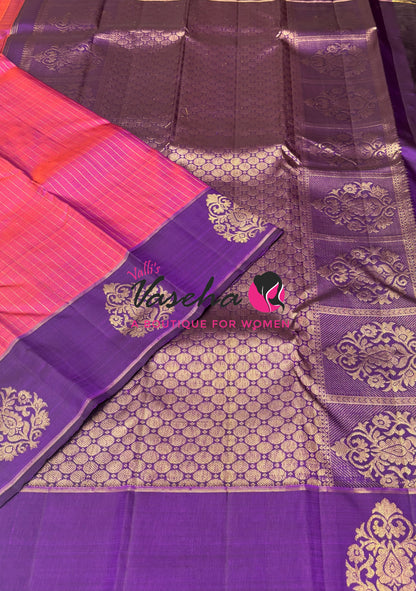 Pure Kanchipuram Silk Saree - Onion Pink Mixed Peach & Purple Shade  - VVPS073