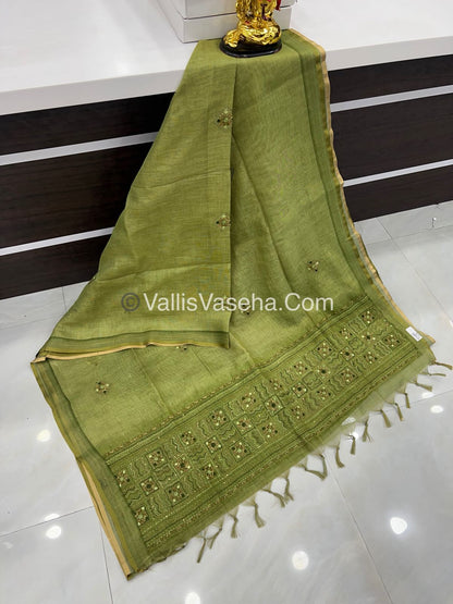 French Knot - Linen Tissue Saree -  Green shade - VVLFN003