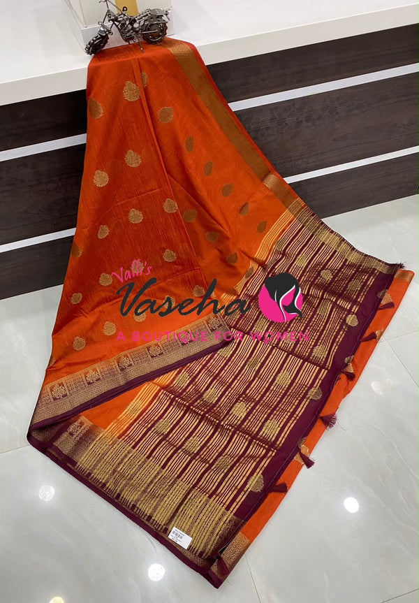 Semi Jute Silk Saree - Orange With Maroon Shade- VVSJS002
