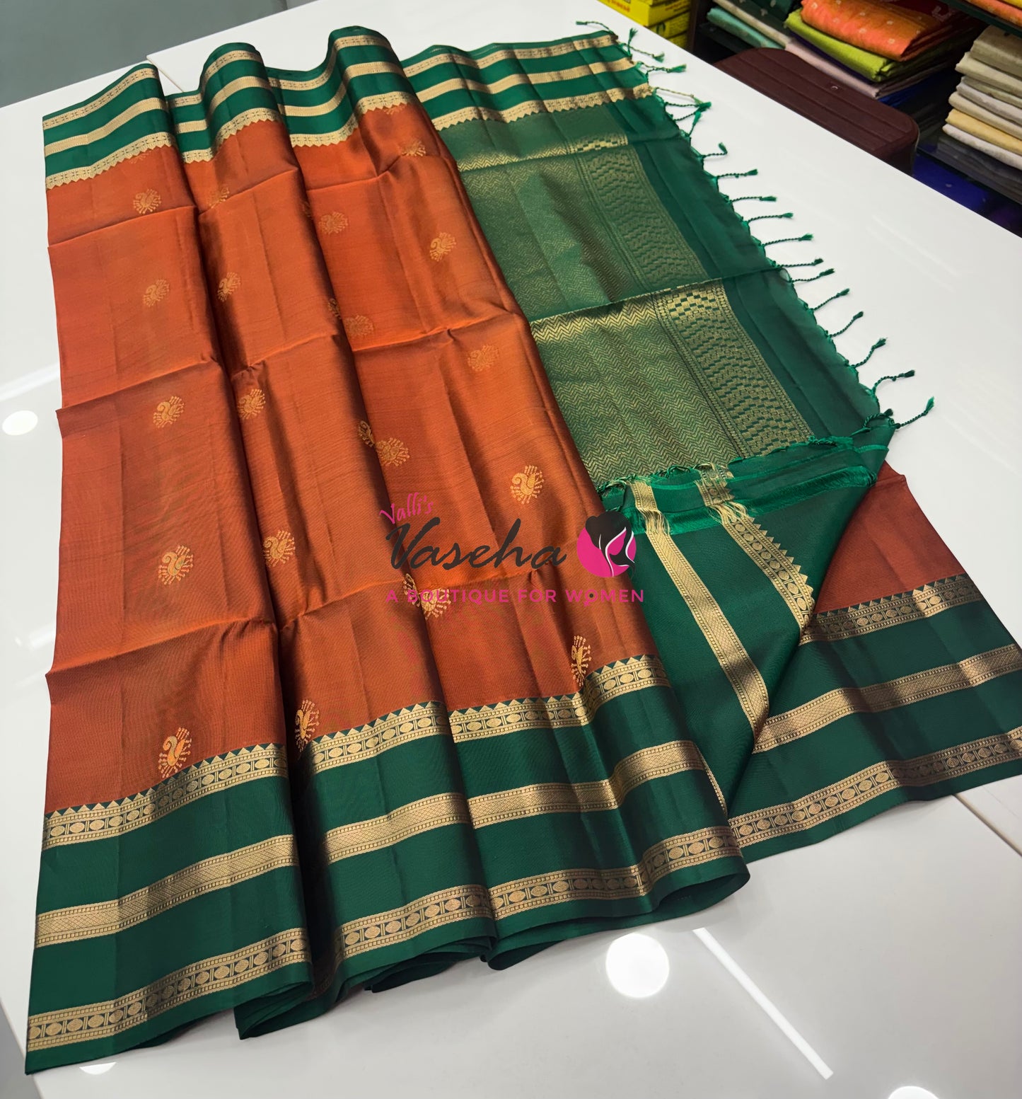 Half Mixed  Soft Silk Saree - Rust Orange & Green - VVPSS077