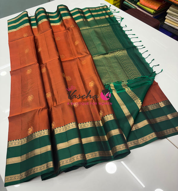 Half Mixed  Soft Silk Saree - Rust Orange & Green - VVPSS077