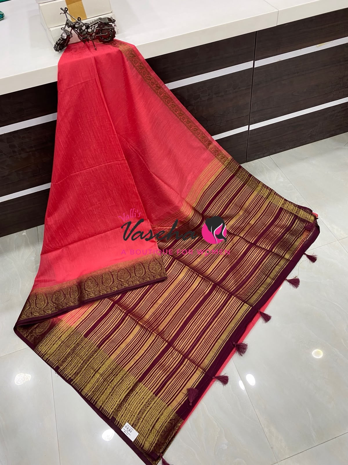 Semi Jute Silk Saree - Peach With Maroon Shade- VVSJS001