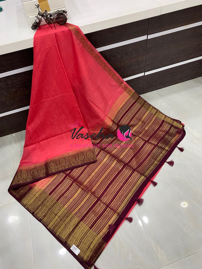 Semi Jute Silk Saree - Peach With Maroon Shade- VVSJS001