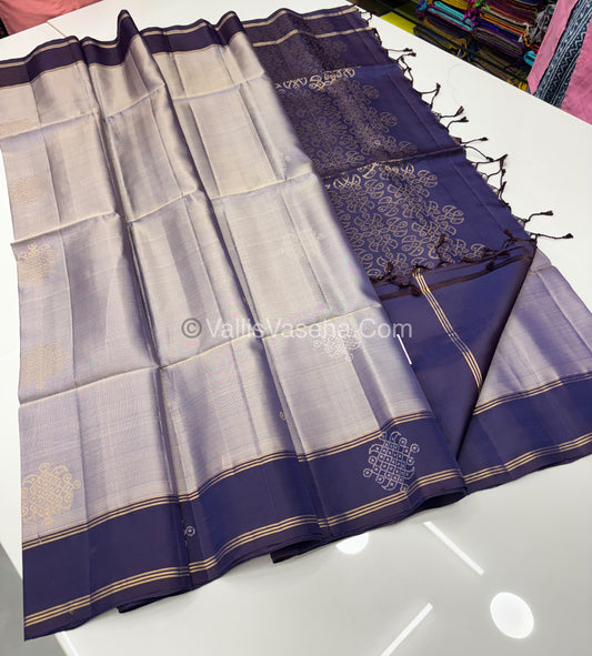 Pure Soft Silk Saree - Kolam Design - Grey & Blue Shade - VVPSS056