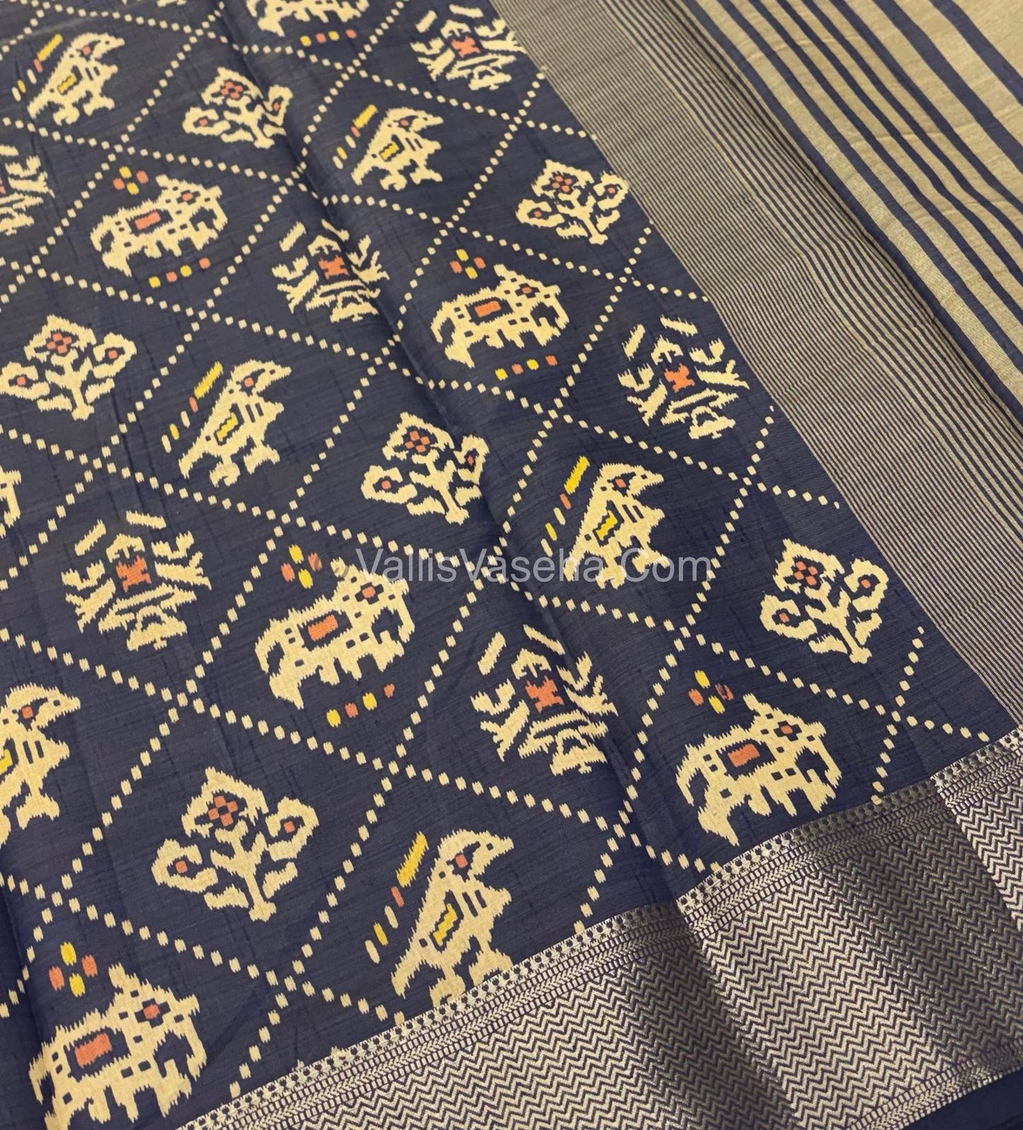 Semi Tussar Silk Saree - Ikkat / Pochampally Design - Navy Blue Shade - VVSTS034