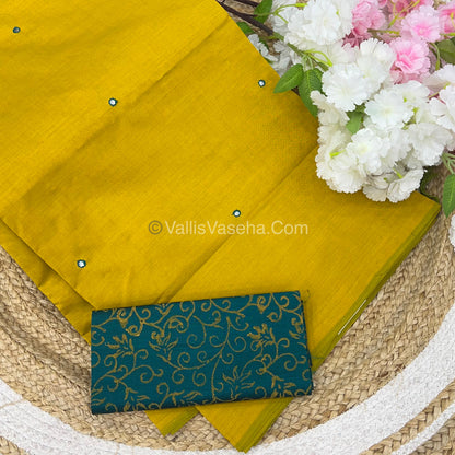 South Mixed Cotton - Mirror Work Embroidery - Yellow With Green  - VVPCM002