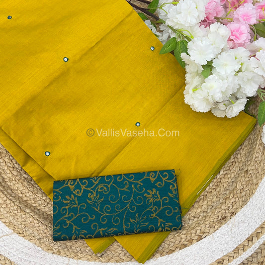 South Mixed Cotton - Mirror Work Embroidery - Yellow With Green  - VVPCM002