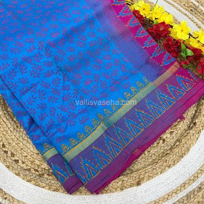 Pure Printed Silk Cotton Sarees - Blue With Pink - VVPSC003