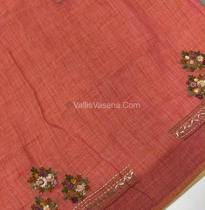 French Knot - Linen Tissue Saree - Peach Shade - Heavy Work Blouse - VVLFN012